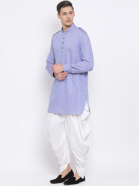 Vastramay Men's Blue Cotton Blend Kurta and Dhoti Set
